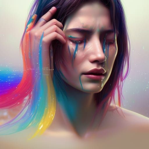 Woman Crying Rainbow Tears: Detailed Digital Portrait