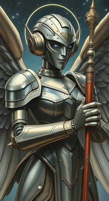 Dieselpunk Angelic Robot in Flying Armor