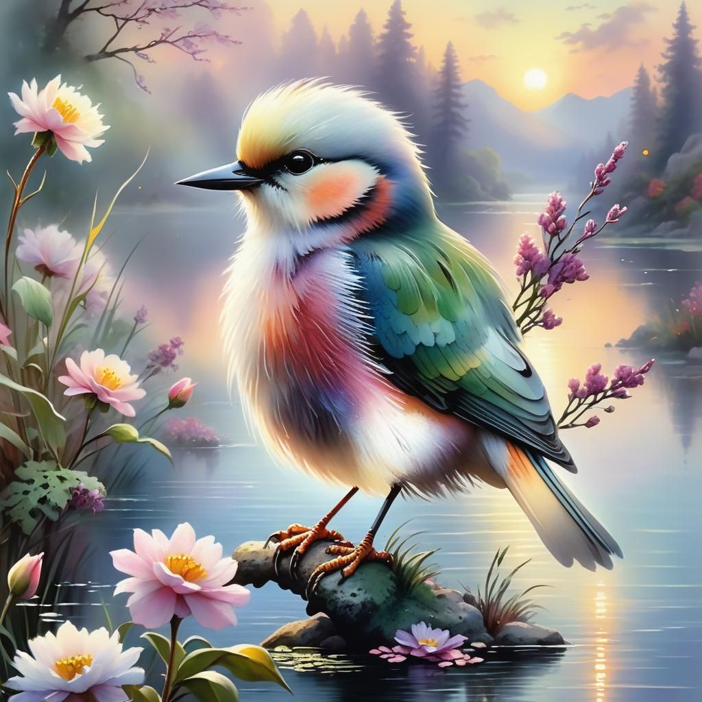 Watercolor Bird at Sunset in Ethereal Light