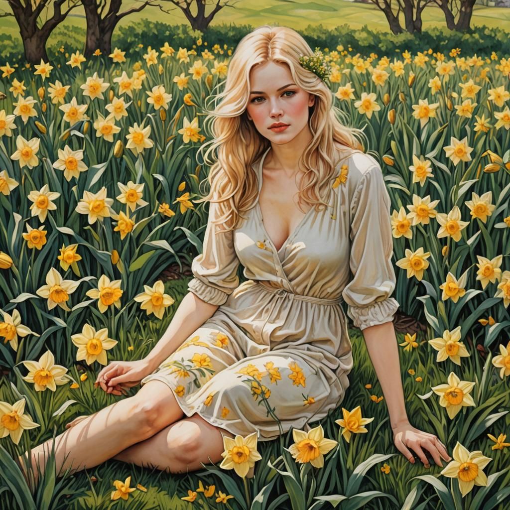 Daffodil Woman Nude Portrait in Garden