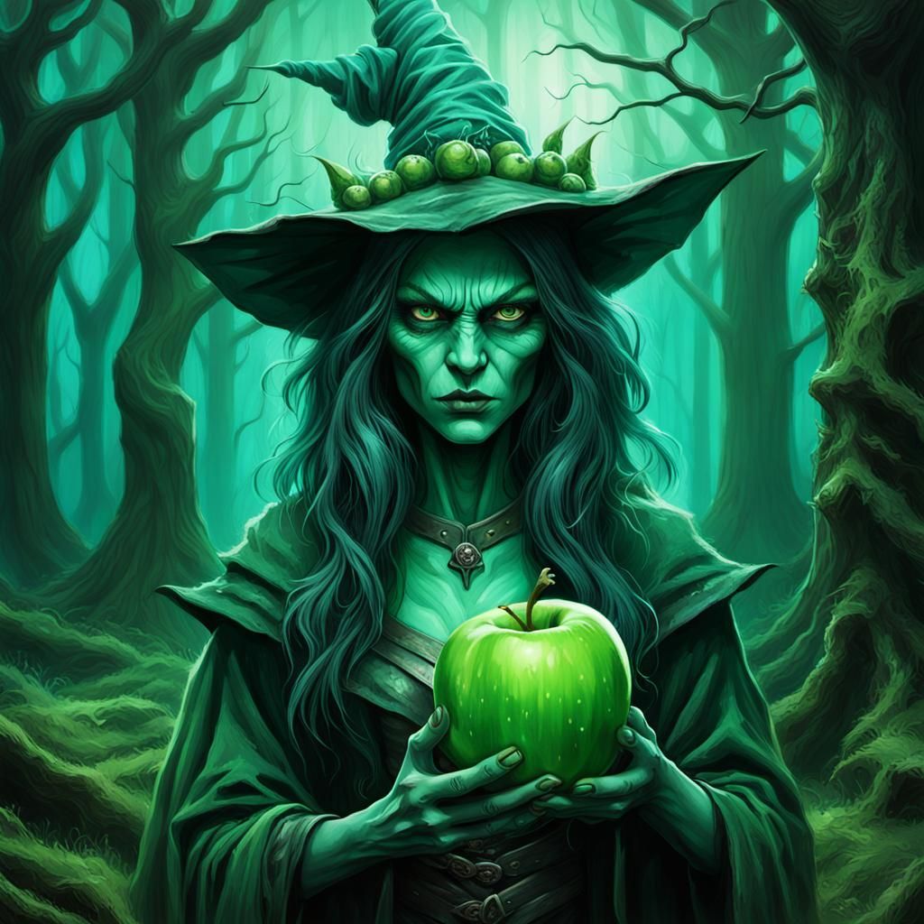 Grumpy Green Witch in Eerie Forest, Hyperrealistic Art