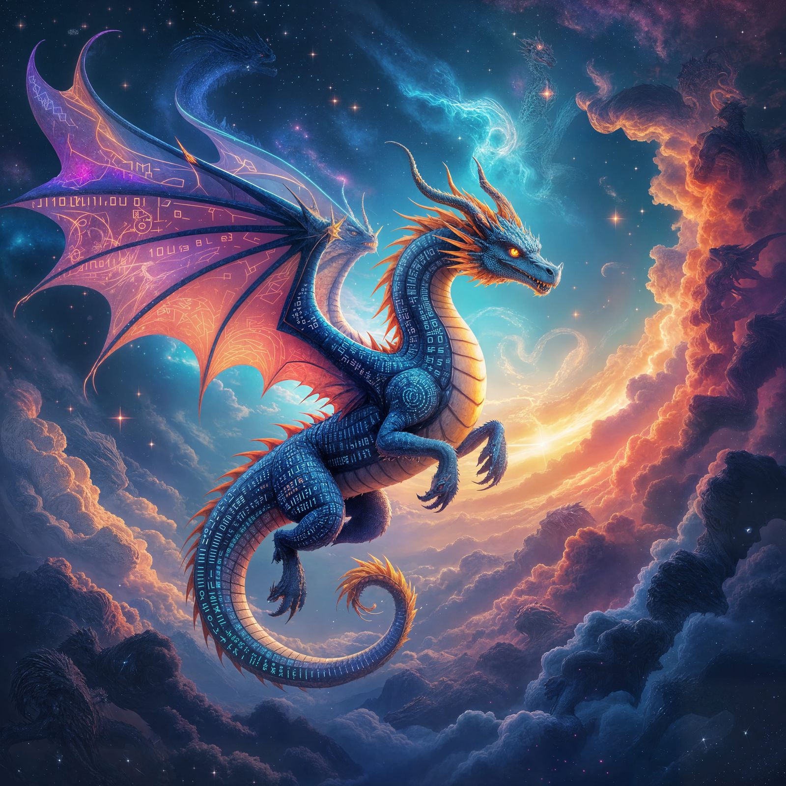 Binary Code Dragon Cosmic Illustration