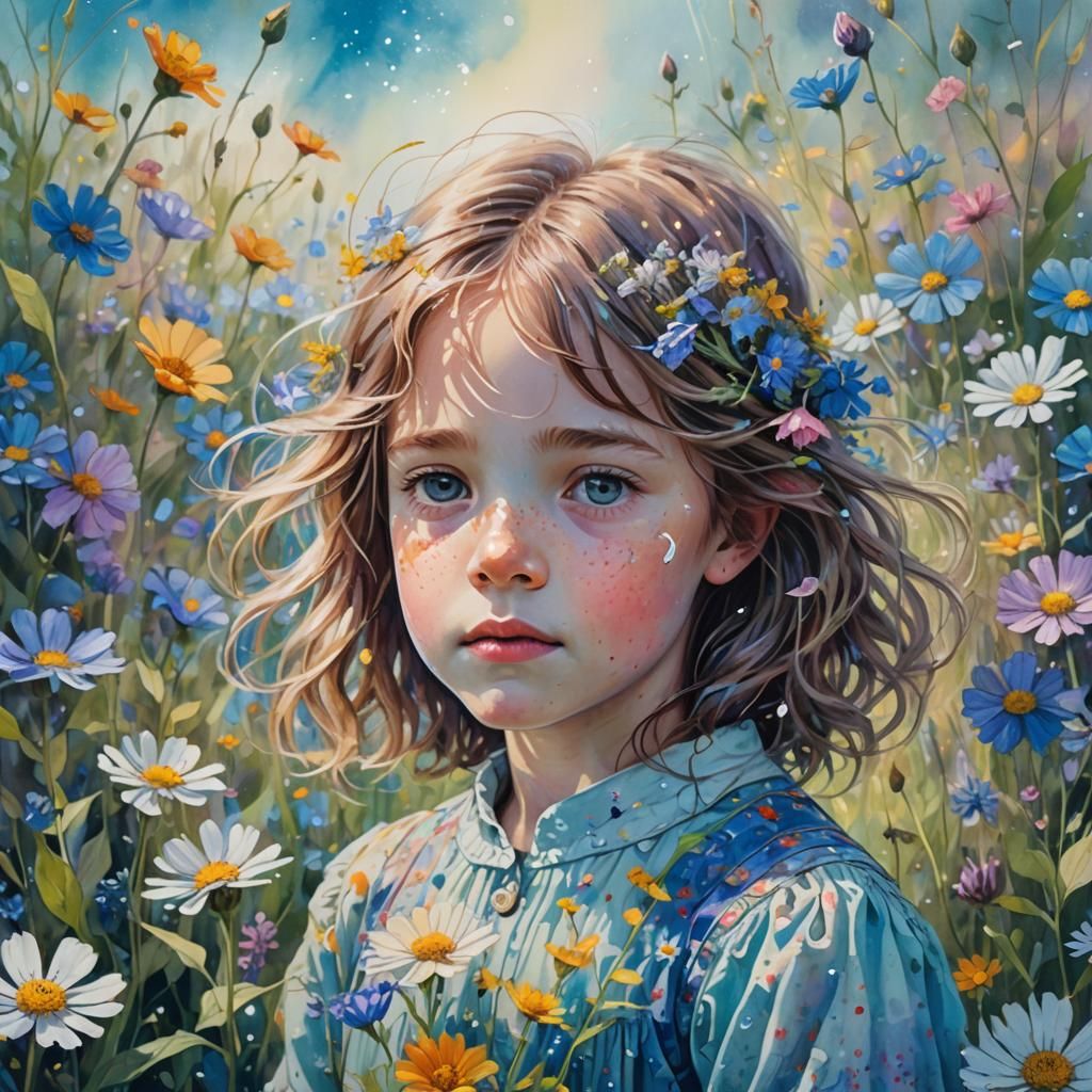 Dreamy Child Portrait in Peruvian Folk Art Style