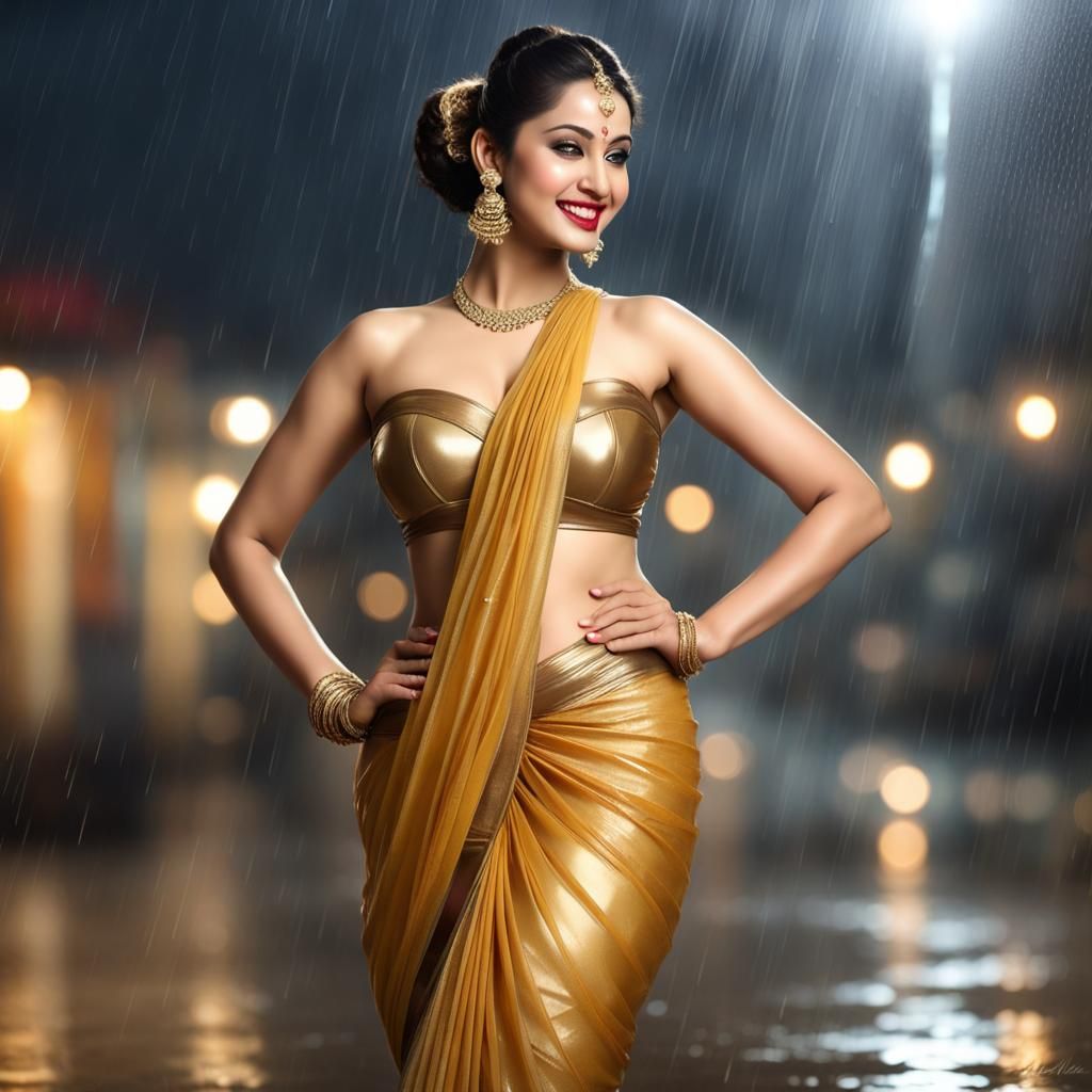 Golden Saree: Hyperrealistic Bollywood Actress in Moonlight