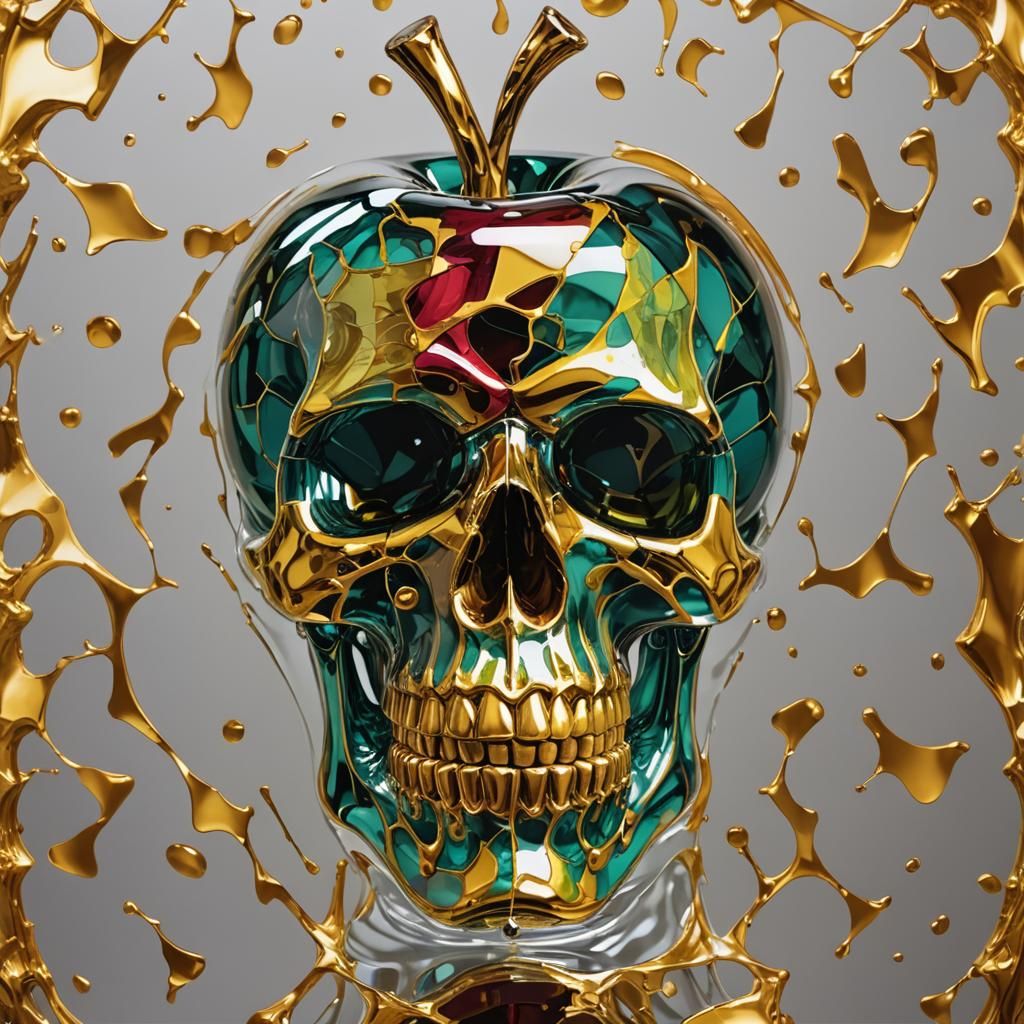 Glass Apple Shatter with Gold Skull in Pop Art