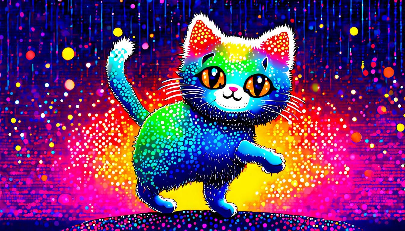 Dancing Disco Cat in Pointillism Kawaii Style