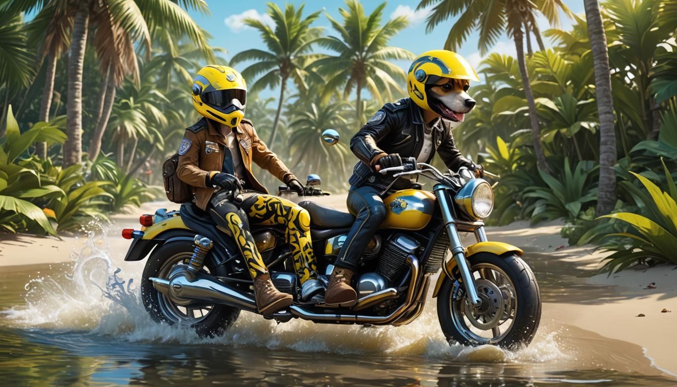 3D anime art. Close-up. A dog riding a motorcycle along a tropical beach at sunset. Extremely vibrant, stylized and deta...