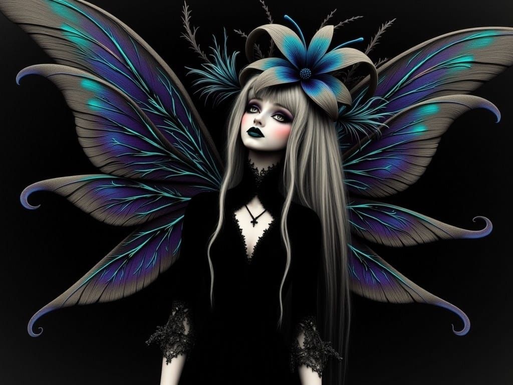 Victorian Goth Pixie with Elegant Wings and Intricate Detail...