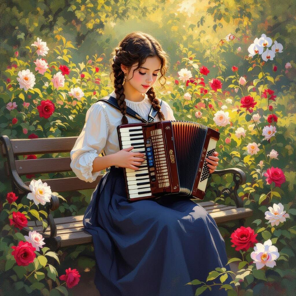 Girl Playing Accordion in Rose Garden Oil Painting