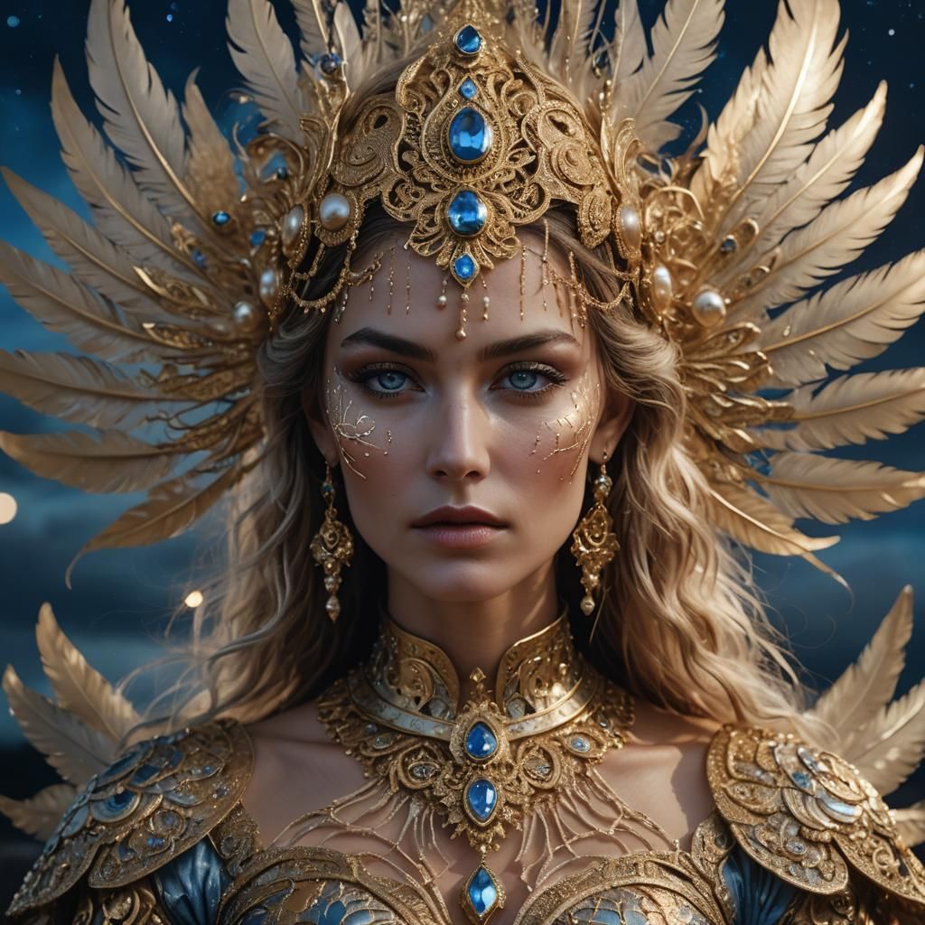 Ethereal Female Figure with Golden Designs in Night Sky