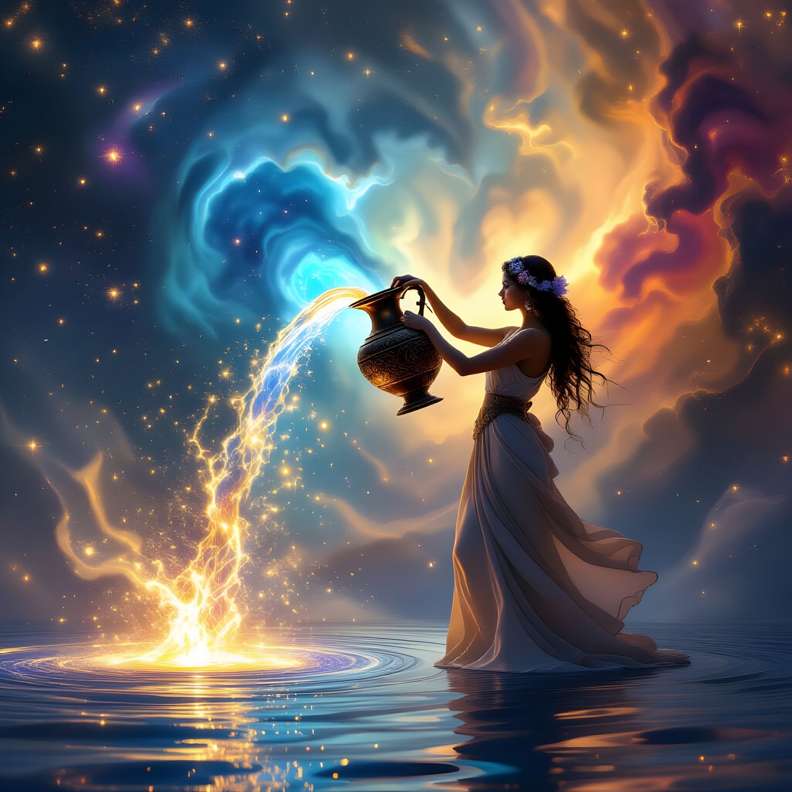 Cosmic Water Bearer Pouring Luminous Liquid Amidst Nebulae