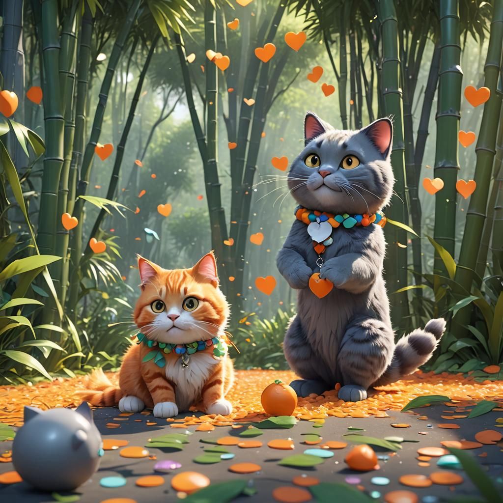 Fluffy Cats Hugging in Anime CGI Style