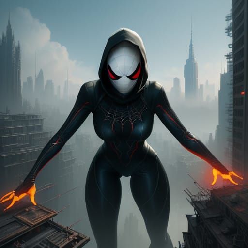 Giantess Spider-Gwen Towers Over Cityscape in Hyper-Realisti...
