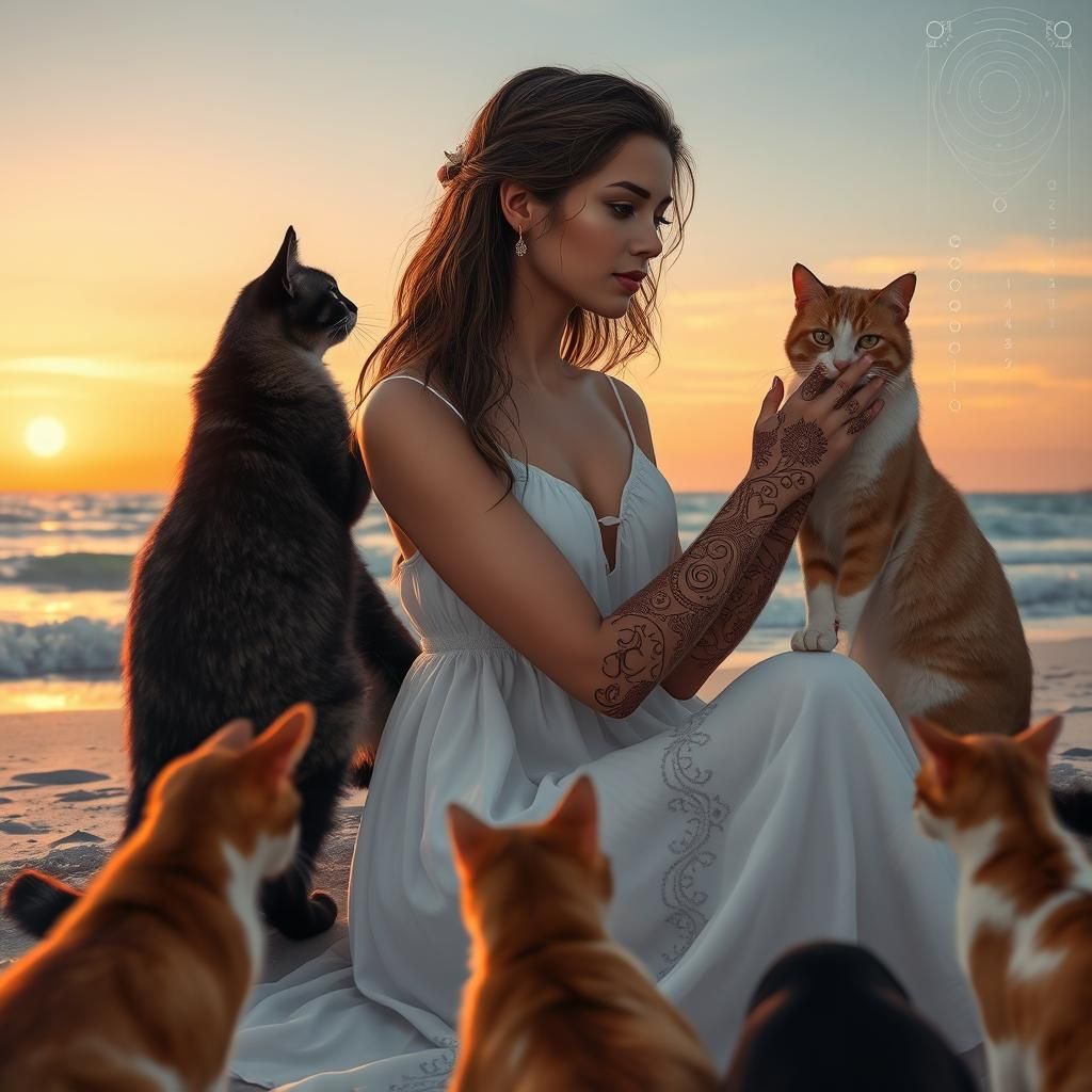 Woman Petting Cats on Beach in Digital Dreamscape Style