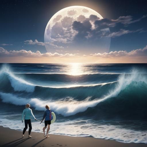 Full Moon Over Beach, Holographic Astral Illustration