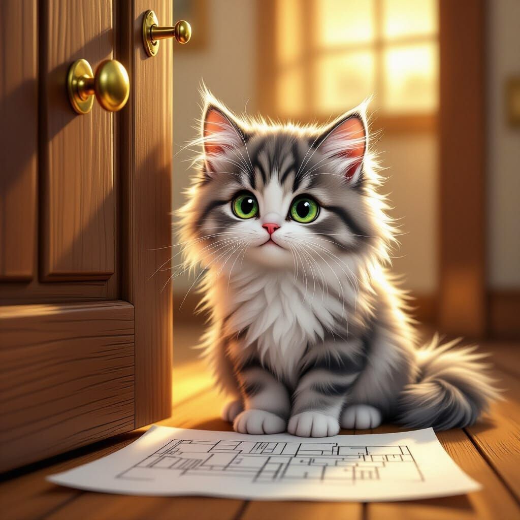 Fluffy Cat Focuses on Door, Cartoon Style