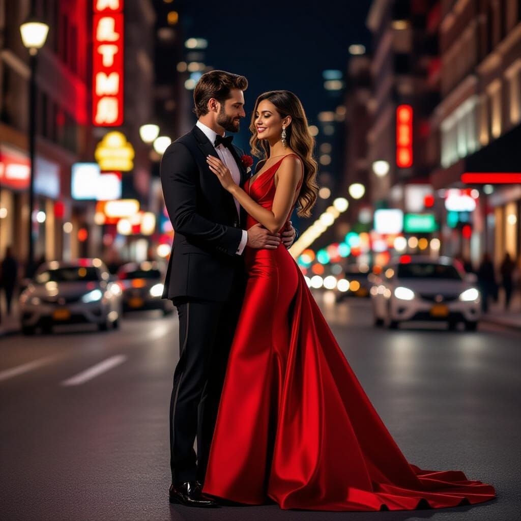 A glamorous couple stands on a lively street at night. The woman wears a stunning red dress, while the man is elegantly ...