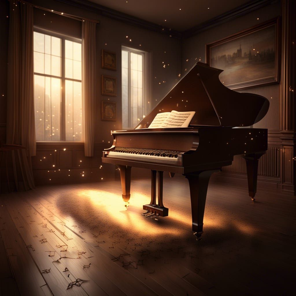 Grand Piano in Dimly Lit Room, Detailed Matte Painting