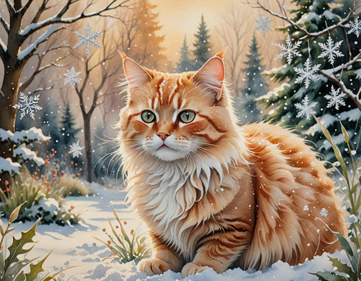 Whimsical Ginger Cat in Winter Wonderland, Aquarelle Paintin...