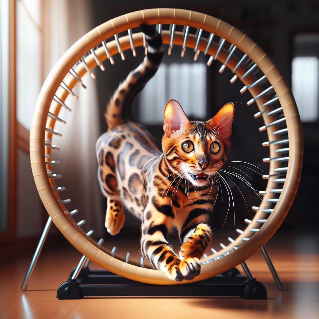 Bengal Cat Energetic Exercise in Running Wheel
