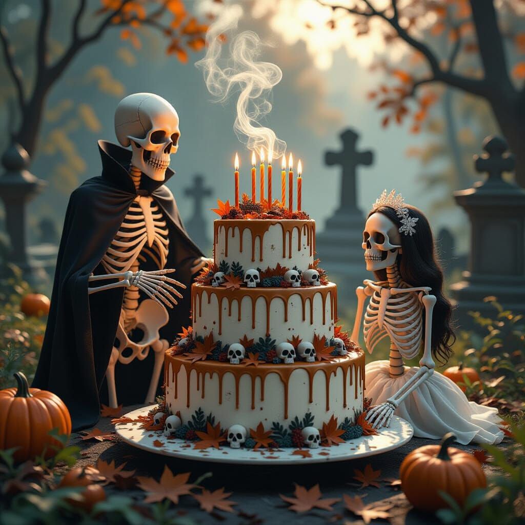 Haunted Birthday Cake in Graveyard by Skeleton Waiter