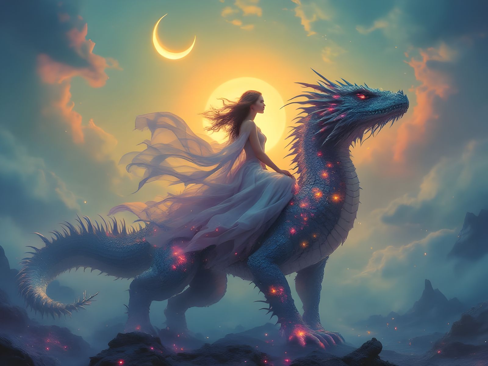 Surreal Woman Rides a Reptilian Steed Under Moonlit Skies
