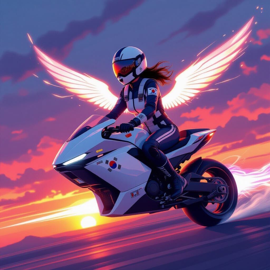 Korean Teenage Pilot on Hoverbike at Sunset