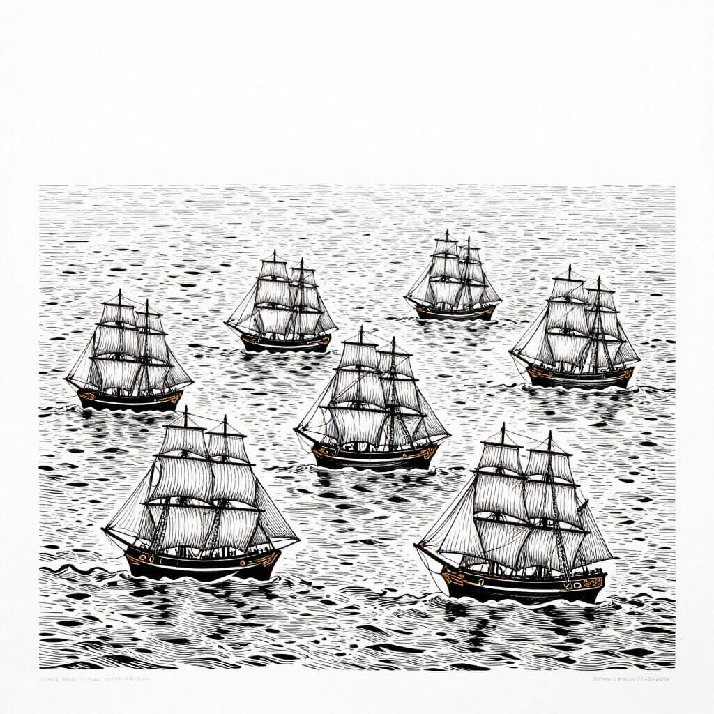 Fleet of Ships in Minimalist Printmaking Style