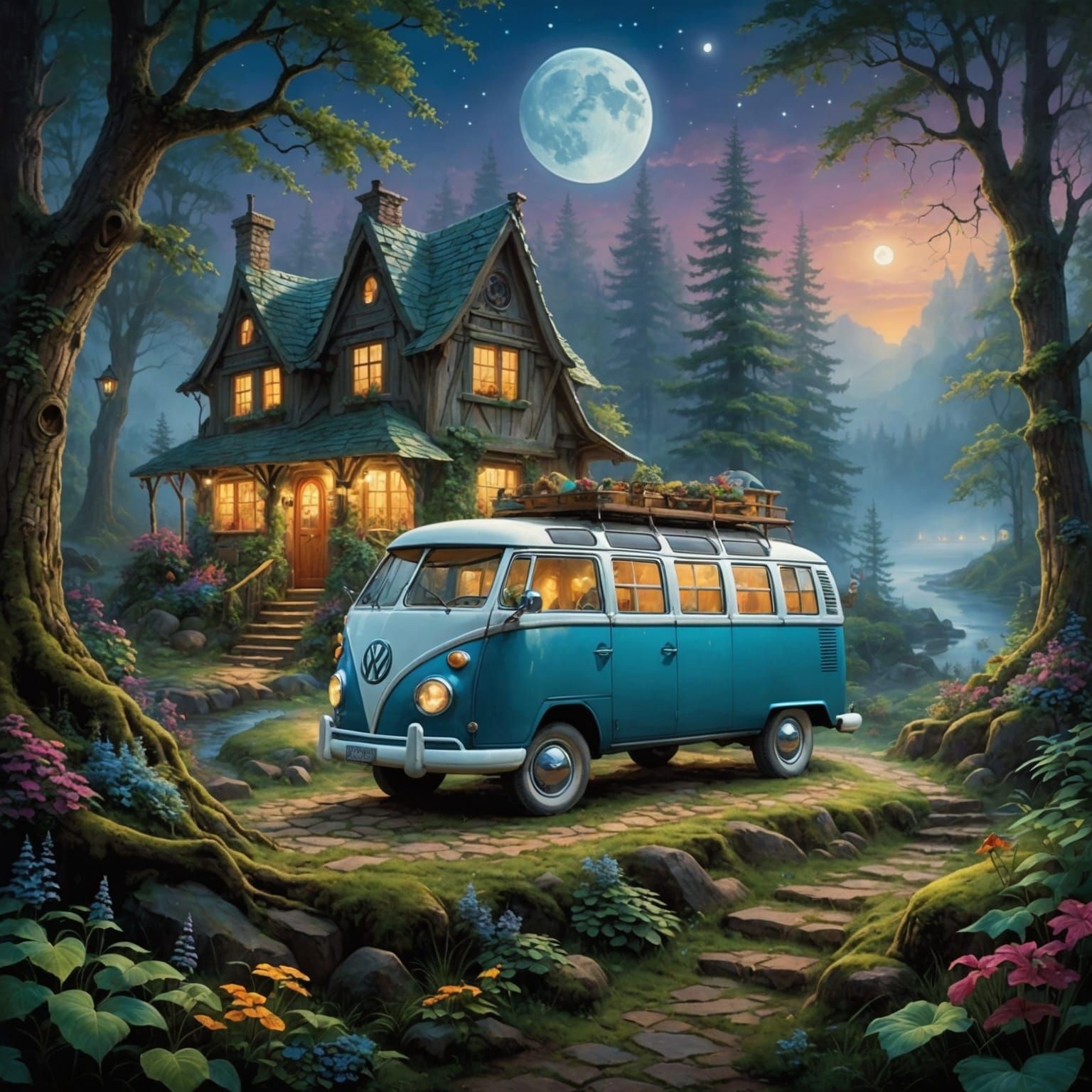 Volkswagen Bus in Enchanted Forest at Night