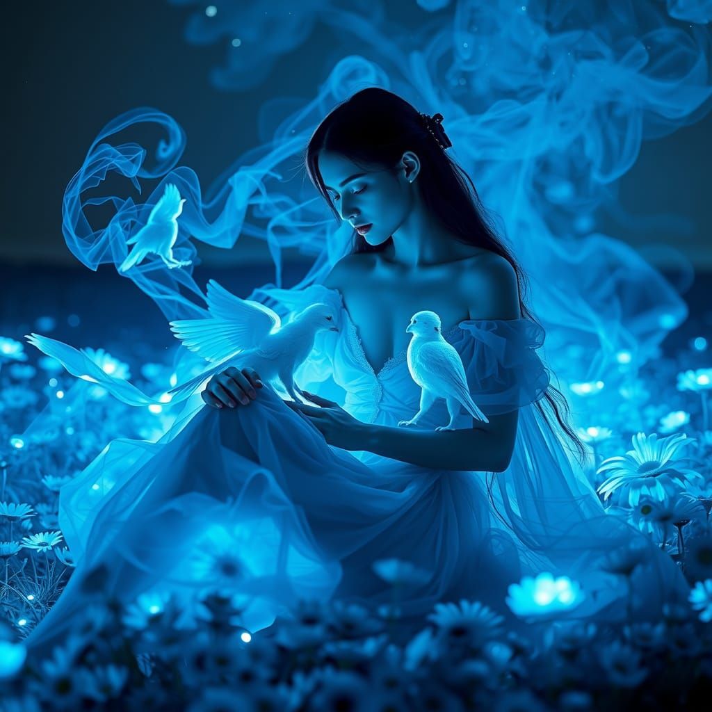 Ethereal Woman in Luminous Flower Field