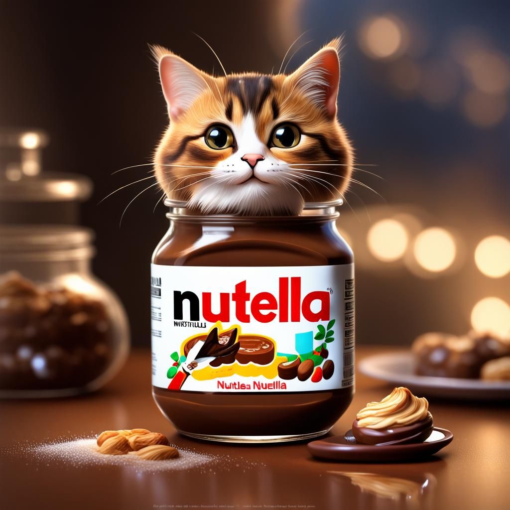 Tabby Calico Cat on Nutella Jar: Photorealistic Digital Art
