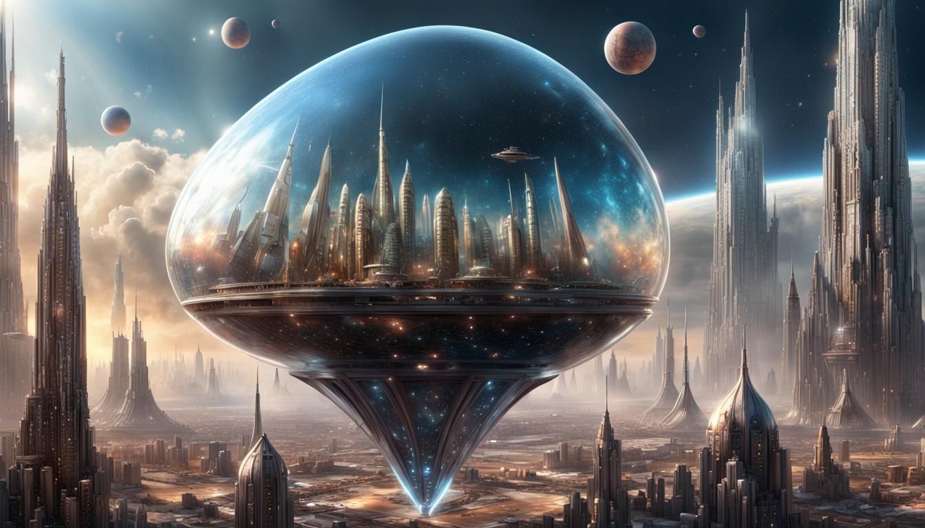 Cosmic City in Glass Teardrop: Hyperrealistic Fantasy