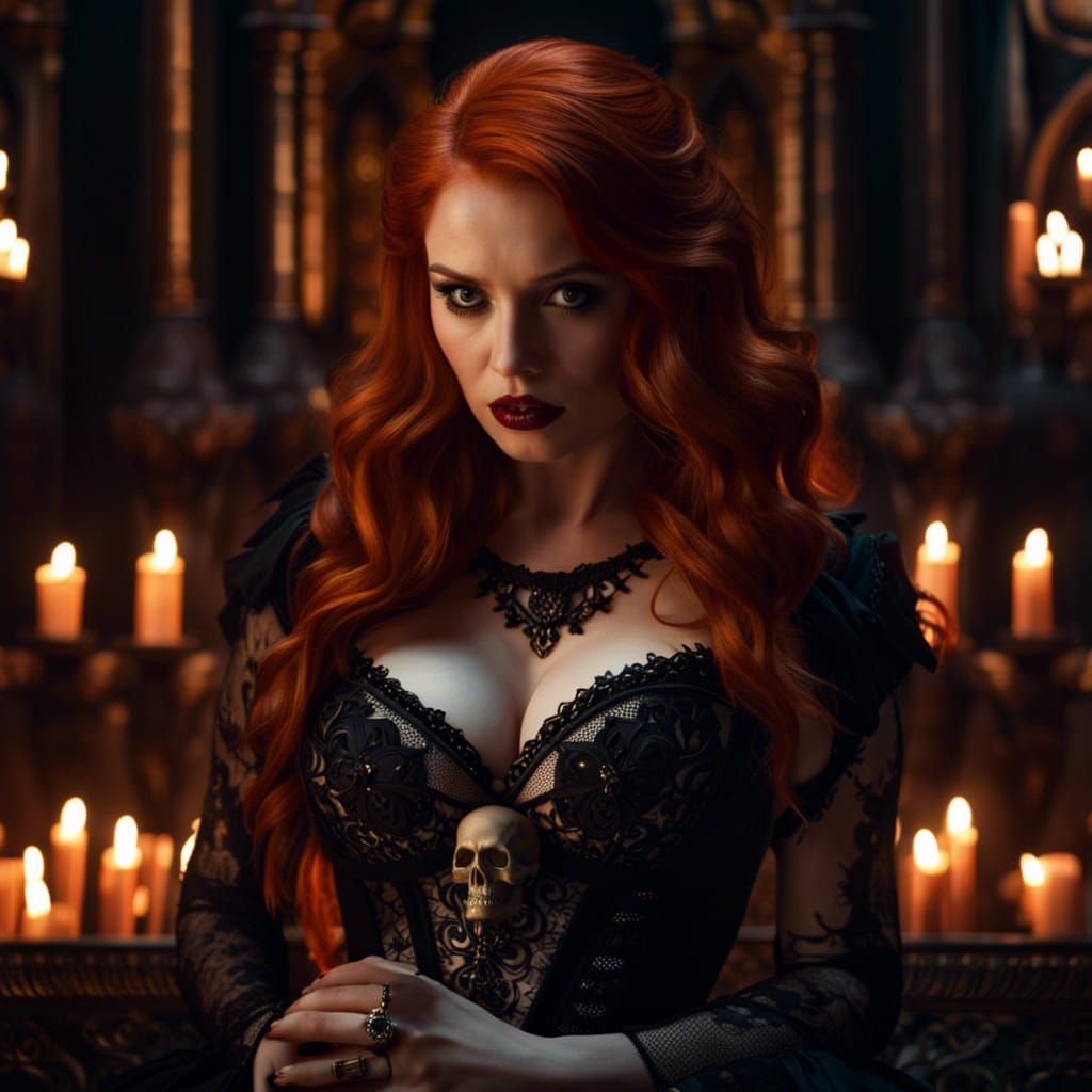 Redheaded Vampire with Skull in Gothic Cathedral