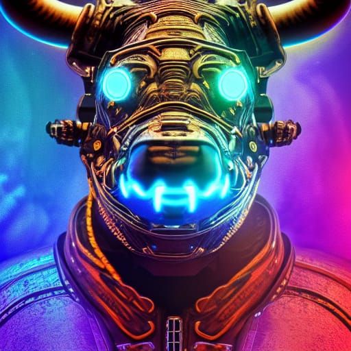 Space Steampunk Bull Warrior Neon Portrait