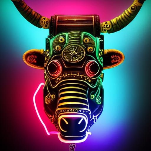 Steampunk Bull Warrior Portrait in Neon