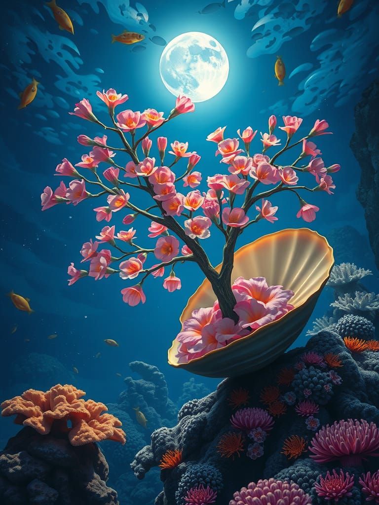 Underwater Coral Reef with Shell and Flowers