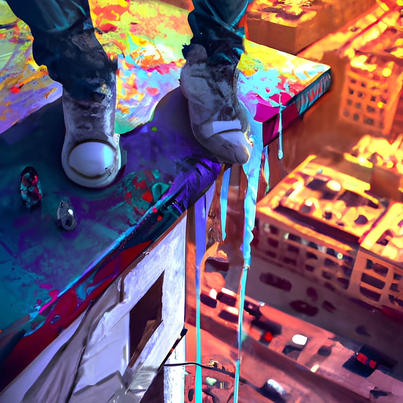 Man on Rooftop Ledge in Hyperrealistic Style