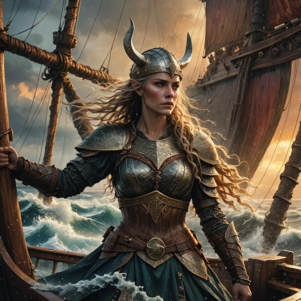 Viking Beauty on Ship at Sunset, Fantasy Art