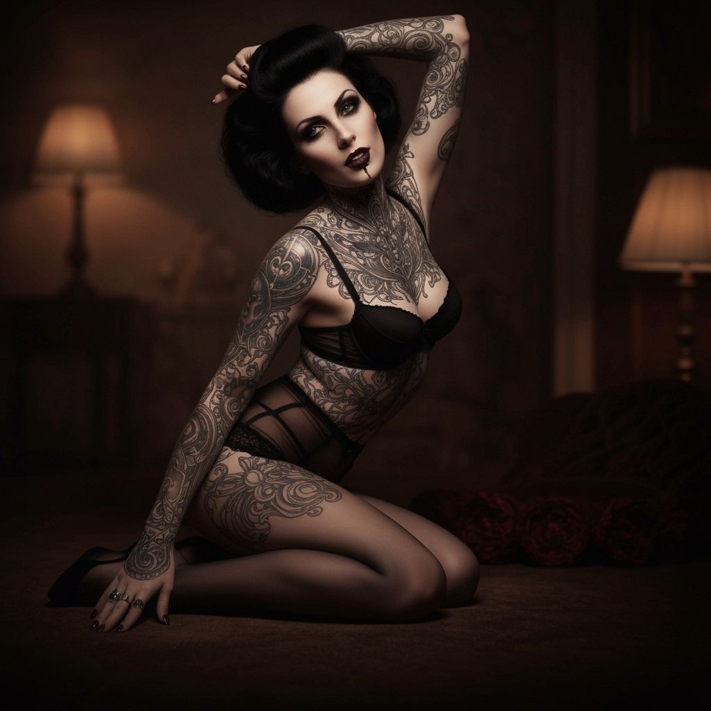 Gothic Pin-Up Tattooed Woman in Art Nouveau Style