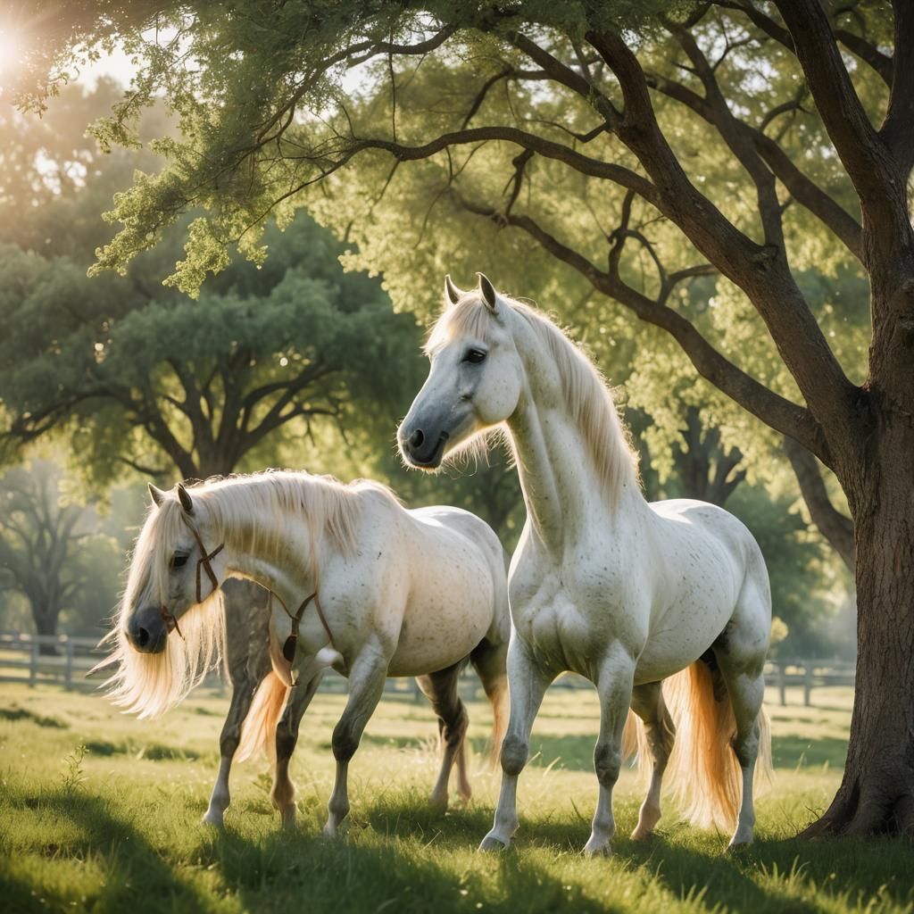 White Horse Grazing in Golden Sunlight