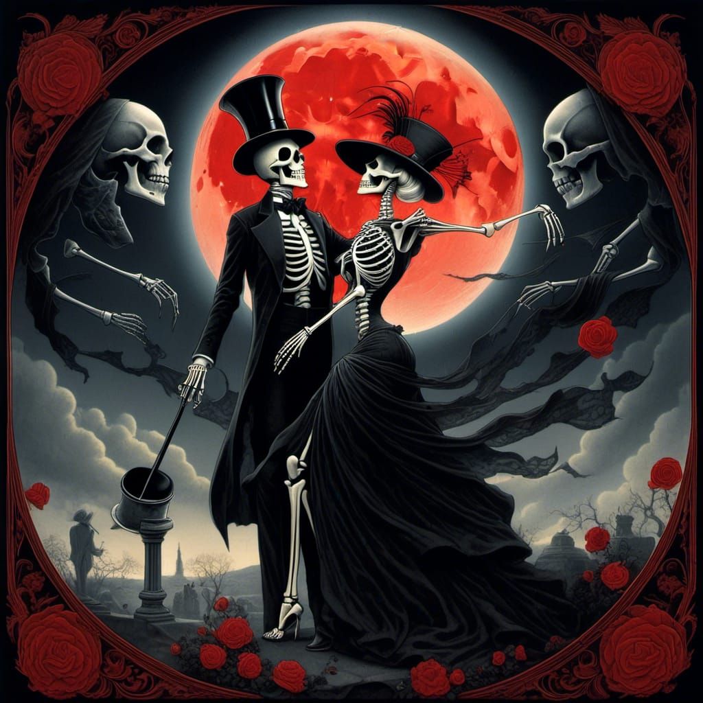 Skeletons Dancing Under a Blood Moon: Gothic Art