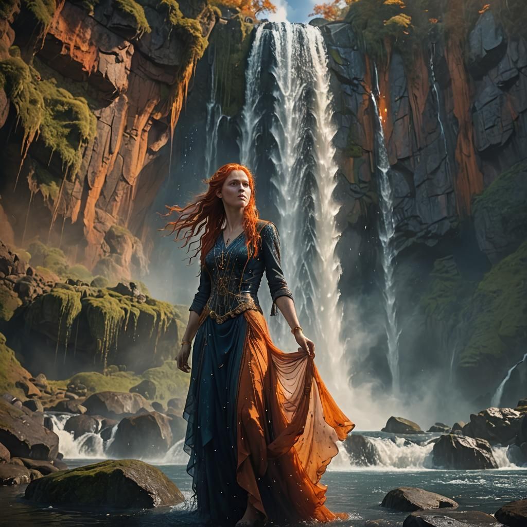 Red-Haired Woman Before Waterfall in Fantasy Art