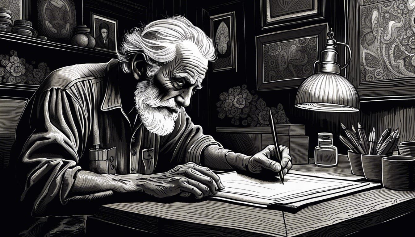 Detailed Ink Drawing of Artist Sketching Portrait