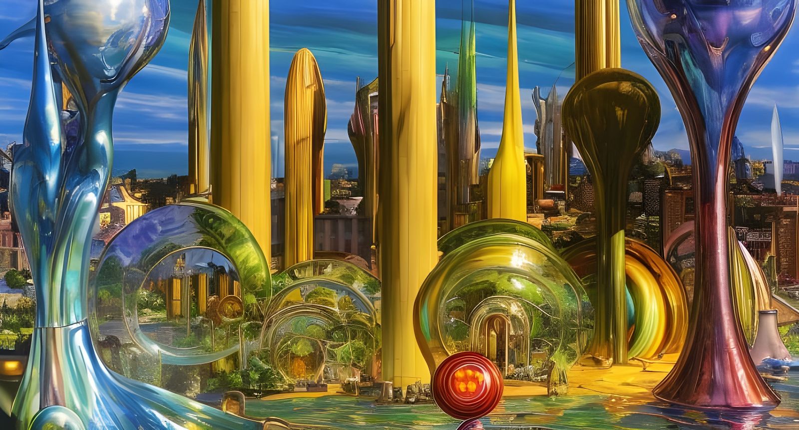 Retrofuturistic Solarpunk City of Glass Fountains