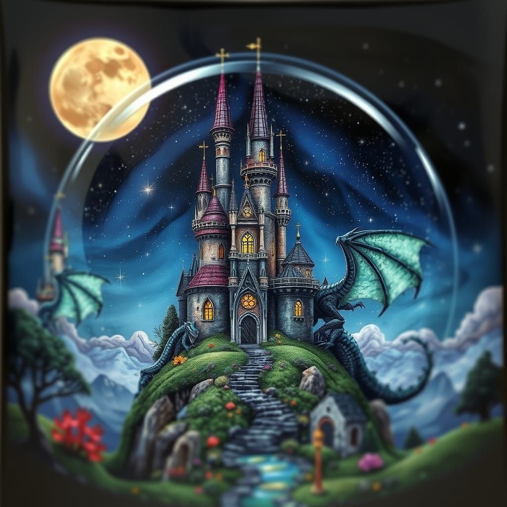 A fairy tale castle and a dragon