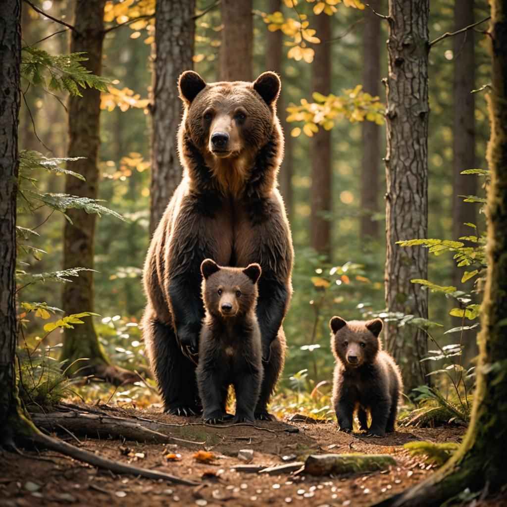 Bear Family in Forest Clearing: Wildlife Photography