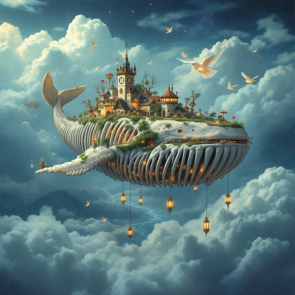 Dreamlike Whale Village Floating in the Sky