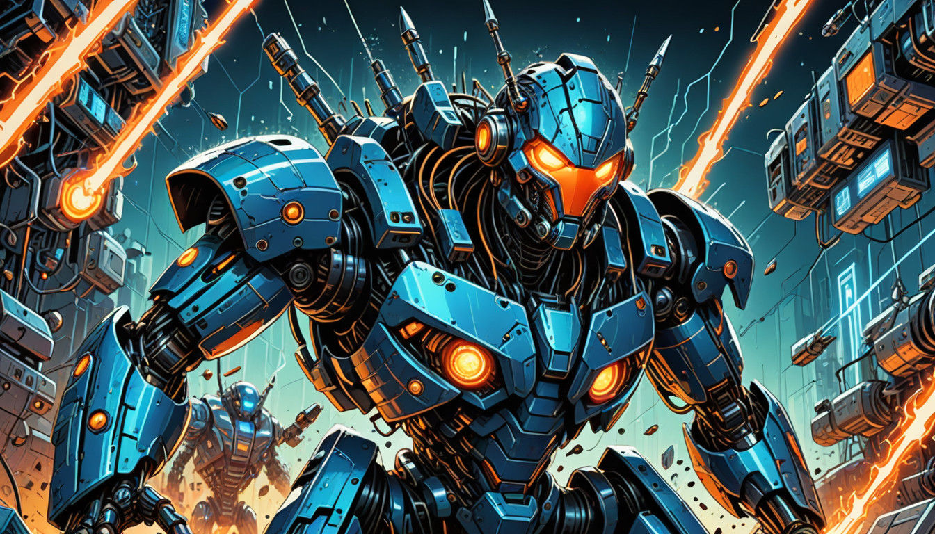 Retro Sci-Fi Robotic Uprising in Electric Blue and Orange