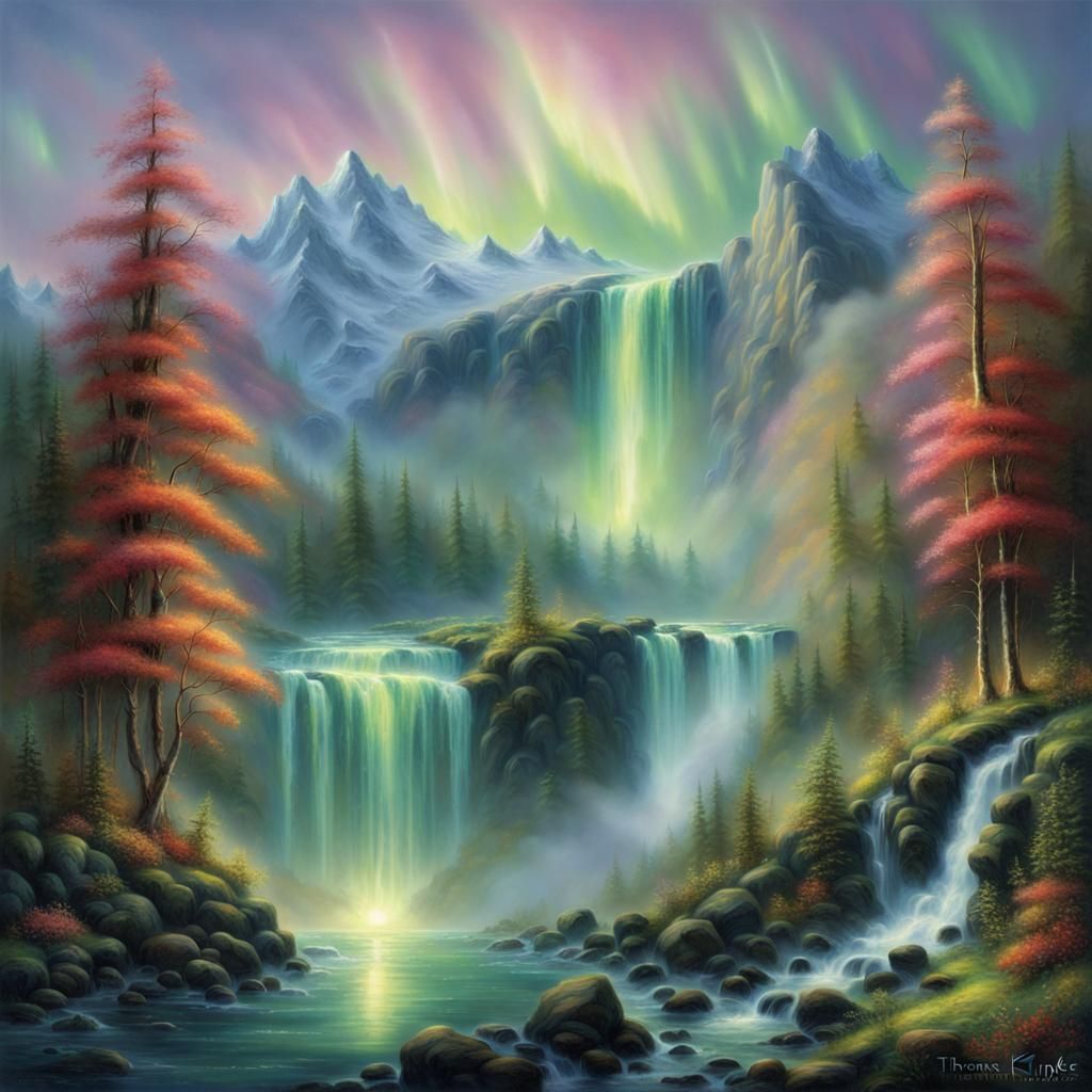 Waterfall and Northern Lights in Ethereal Style