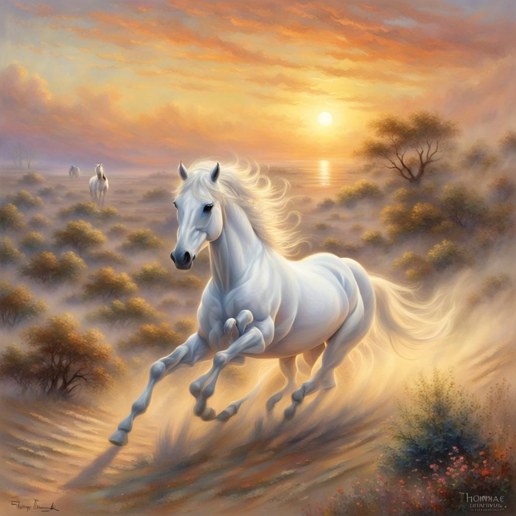 White Horse Runs Through Desert Sunset: Kinkade Style